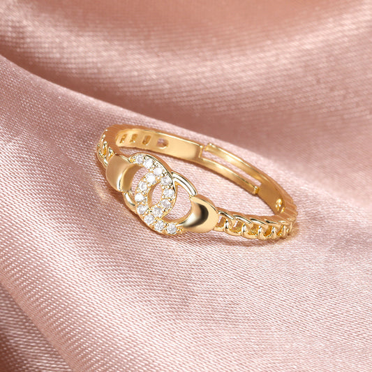 Gold Brass Adjustable Zircon Double Circle Ring For Women