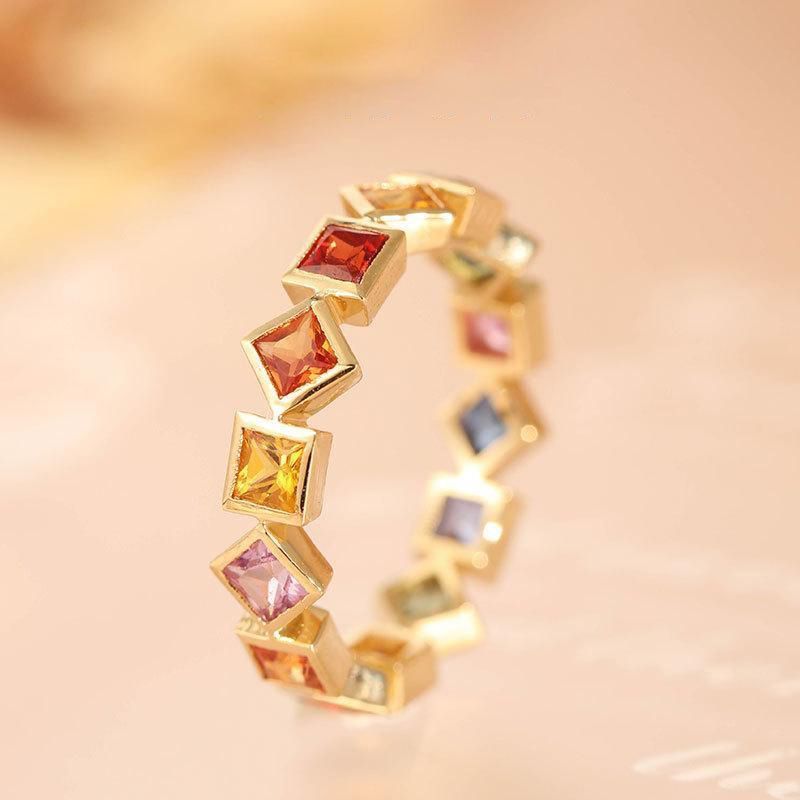 Gold Plated Geometric Ring Colorful Crystal Inlays Rainbow Jewelry For Women Durable Elegant Accessory Classic