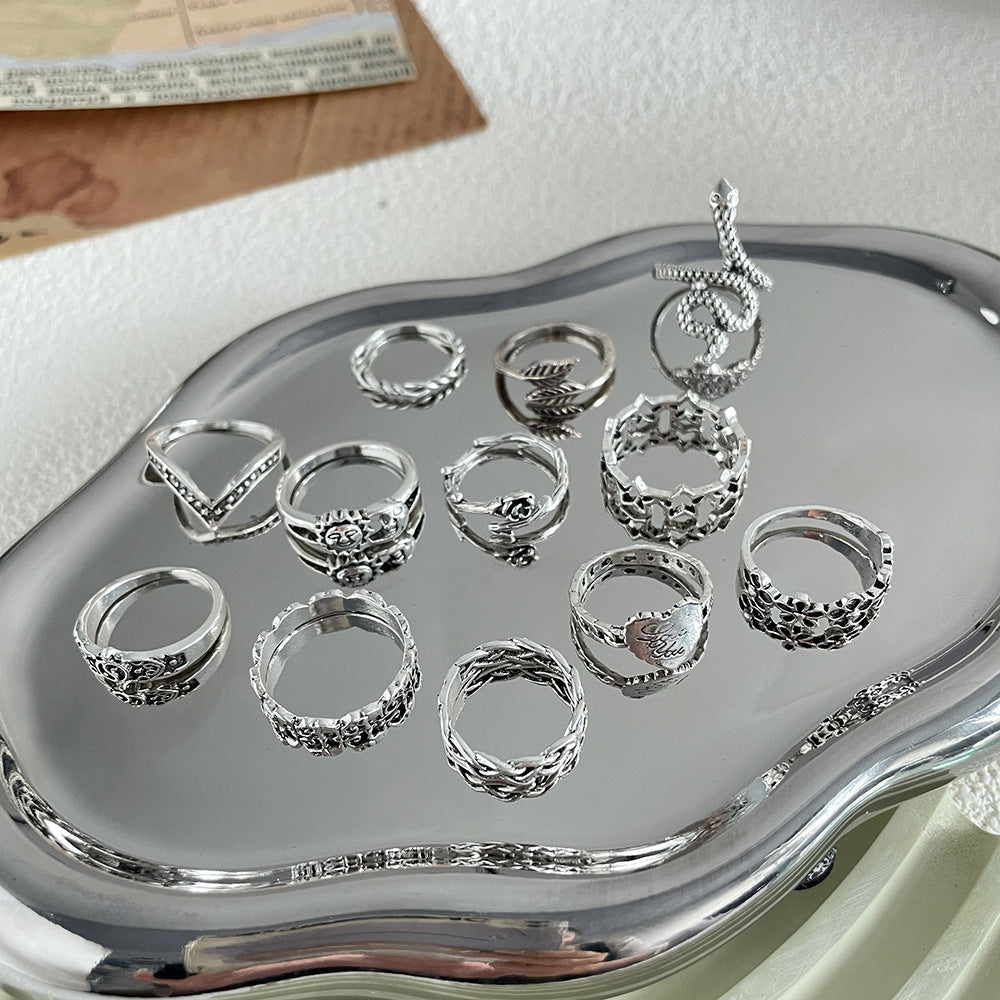 12 Piece Vintage Alloy Ring Set With Star Moon Sun Face Designs Electroplated Fashion Jewelry Collection Style