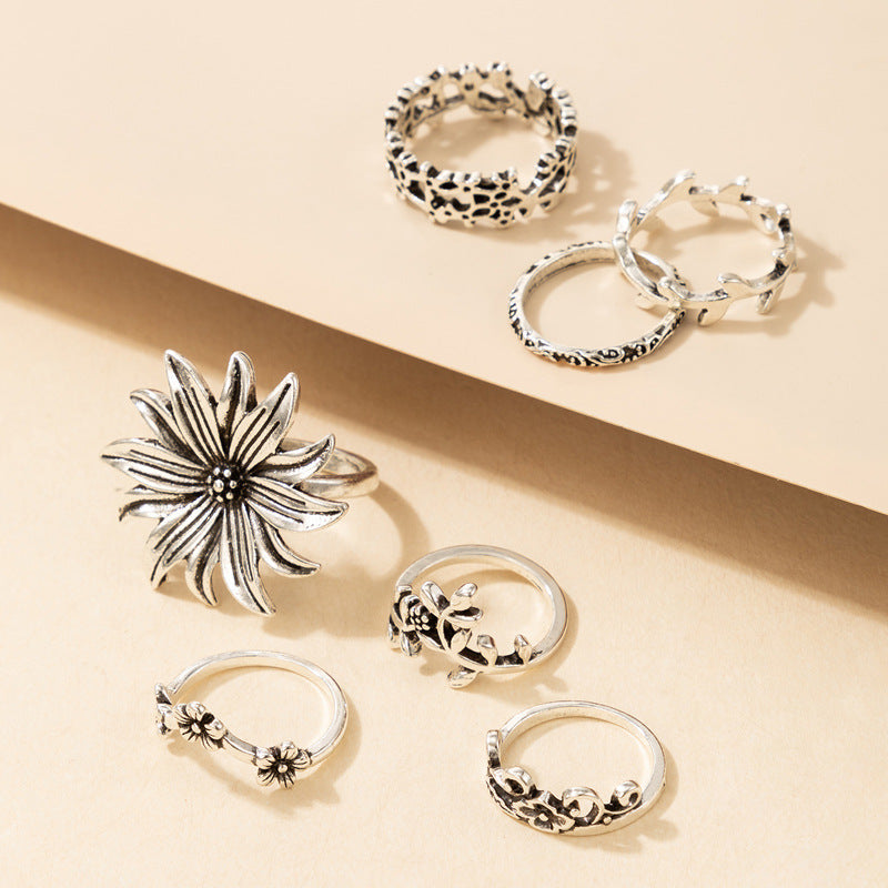 Bohemian Rings Set Geometric Flower Accents Silver Tone
