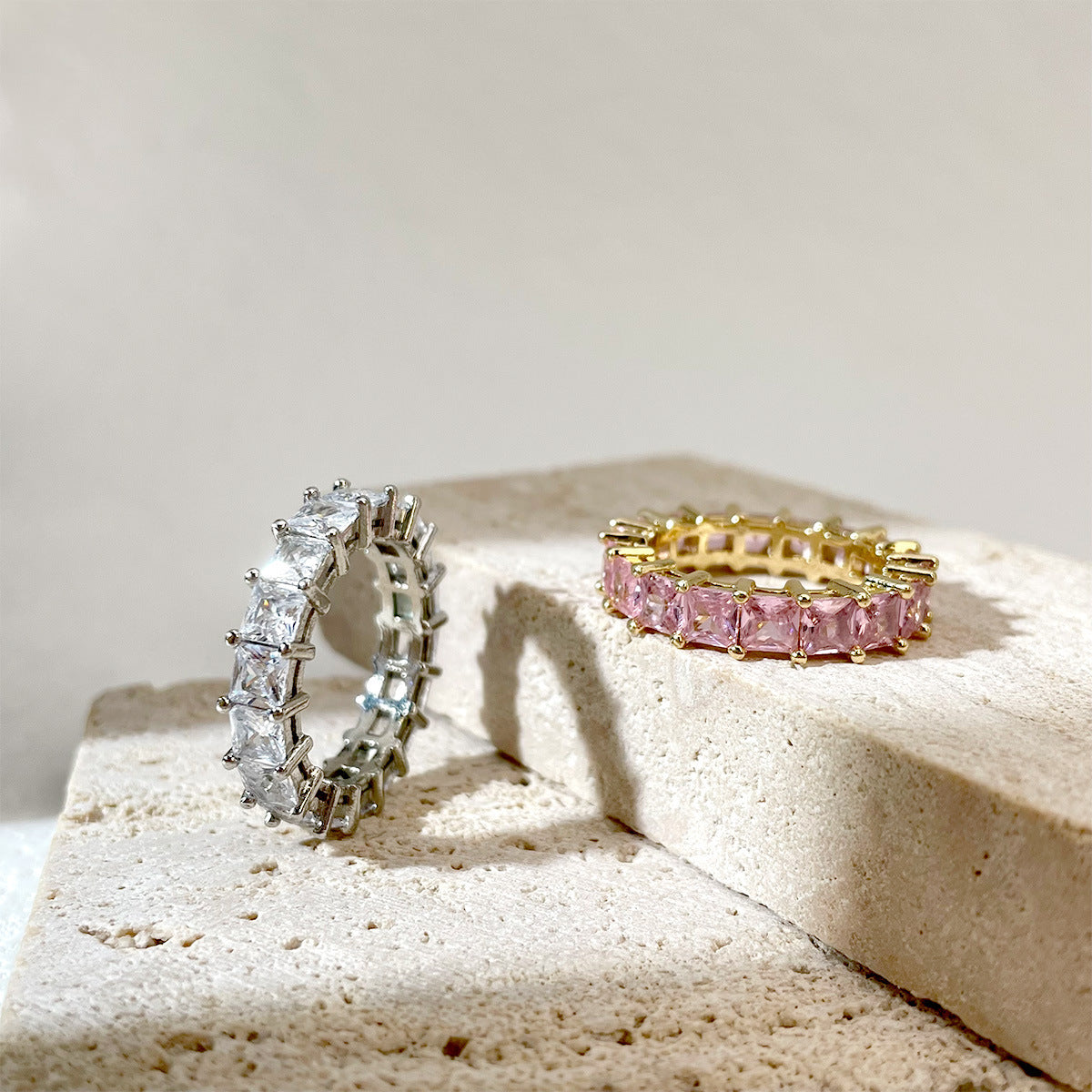 Geometric Copper Ring With Micro Diamond Silver Tone