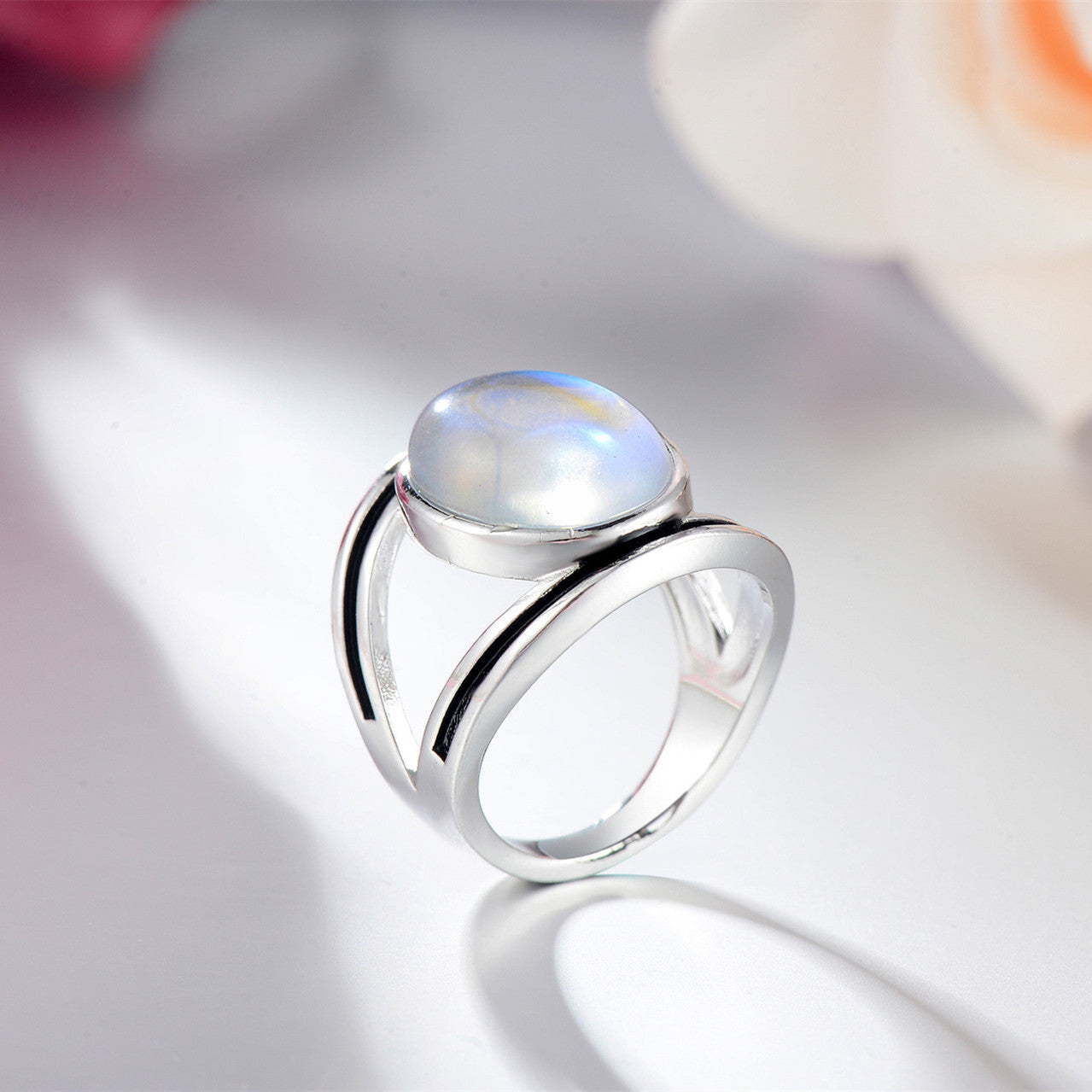 Colorful Moonstone Inlaid Ring For Women Brass Alloy Band With Semi Precious Stone Jewelry Gift Ready For Gifting