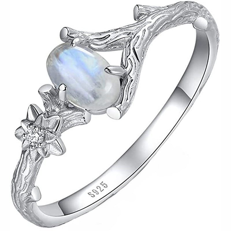 Moonstone Inlay Ring Vintage Silver Finish Ancient Tree Geometric Alloy Ring For Women Fashion Modern Everyday