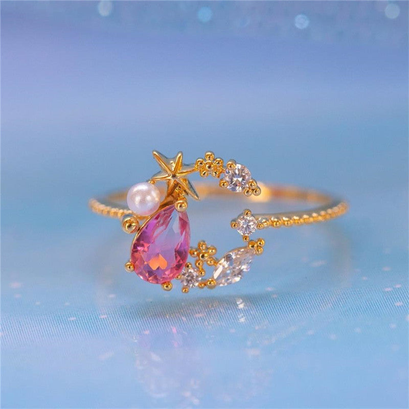Women Zircon Star Moon Ring In 18K Gold Color Fashion Jewelry For Everyday Wear Elegant Trendy Accessory That Shines