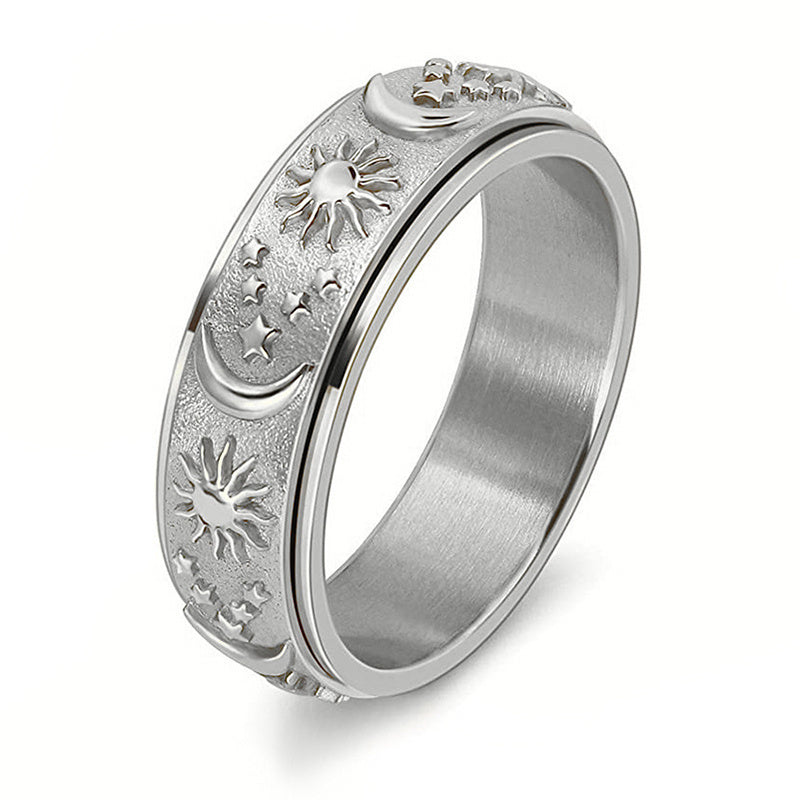 Women Rotatable Stars Sun Moon Ring Titanium Steel Celestial Geometric Design Electroplated Silver Gold Jewelry