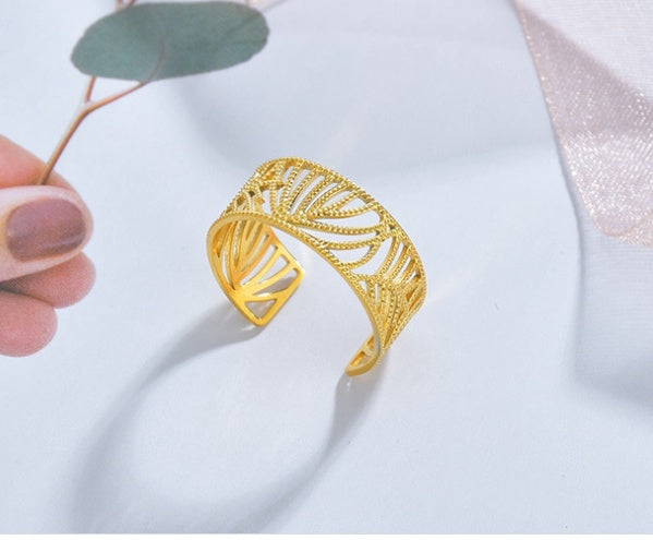 Leaf Shaped Hollow Opening Adjustable Stainless Steel Ring for Women Korean Style Jewelry Gift Daily Wear Gift