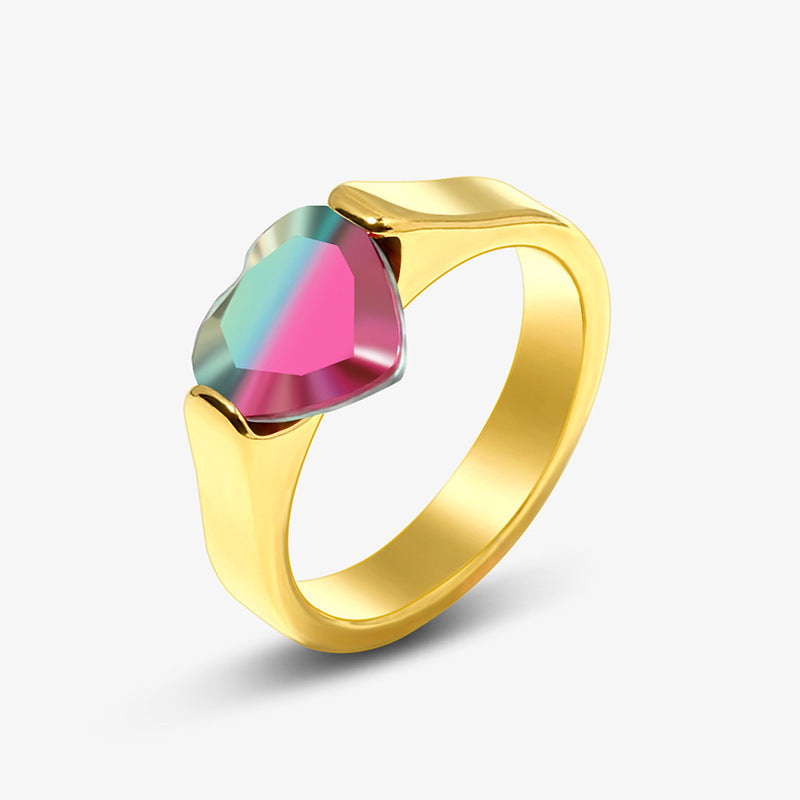 Womens Stainless Steel Ring With Tourmaline Inlay And Golden Gemstone Accent Fashion Jewelry Elegant Band Ring