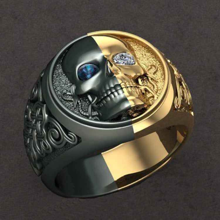 Mens Skull Ring Blue White Diamond Two Tone Alloy Electroplated Fashion Jewelry Statement Piece Durable Design