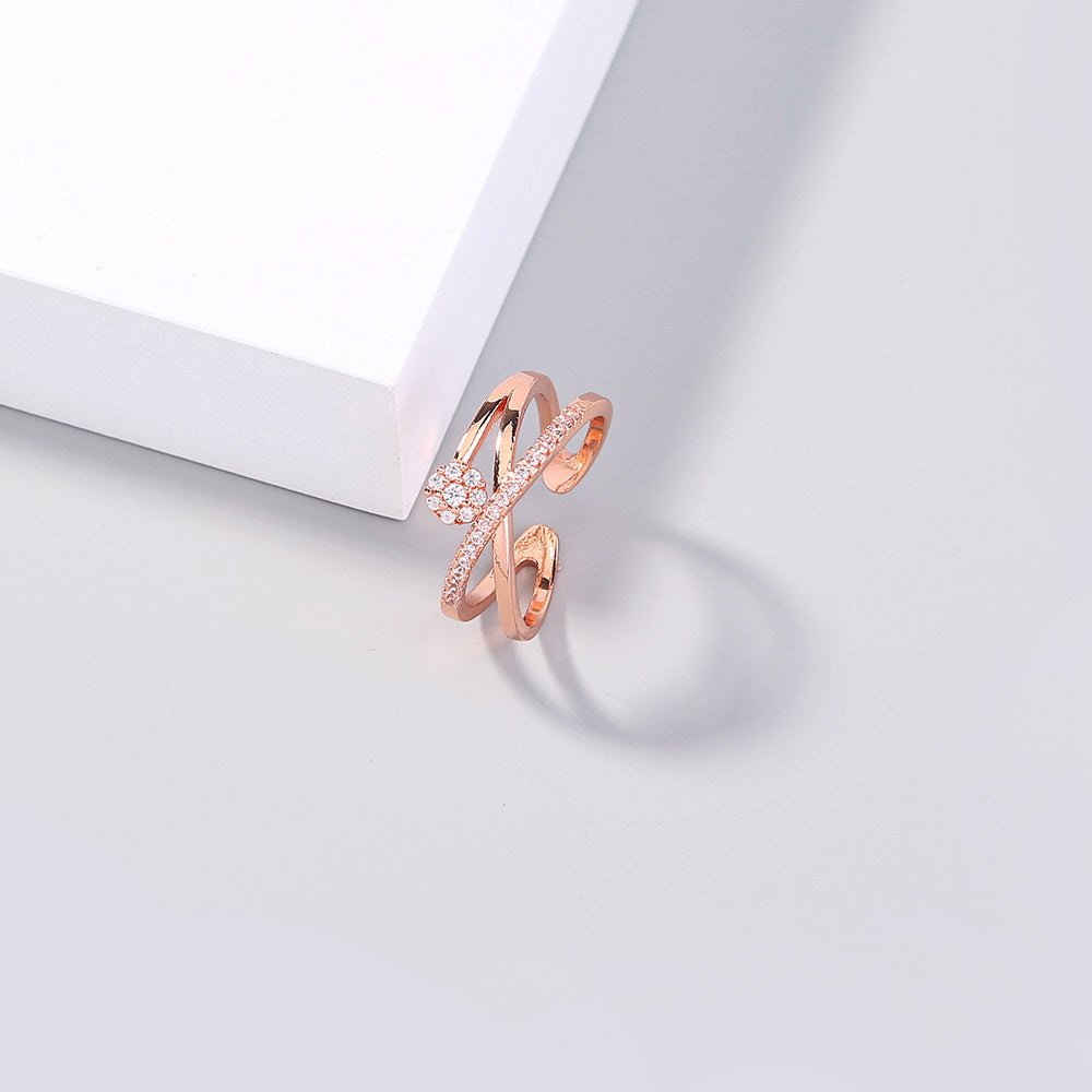 Adjustable Open Zircon Cross Flower Ring Copper Plated