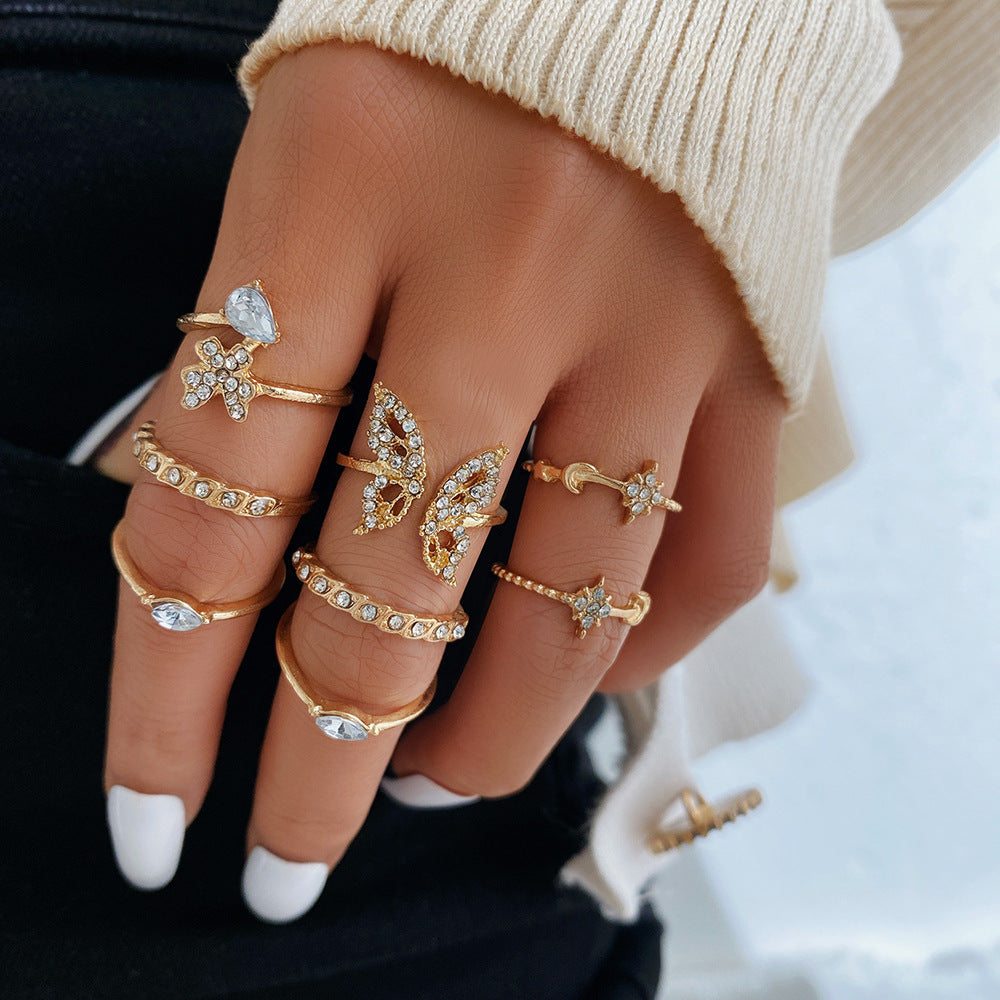 Women Adjustable Butterfly Rings Set Design Knuckle Trendy Alloy Heart Rings Fashionable Insect Animal Jewelry