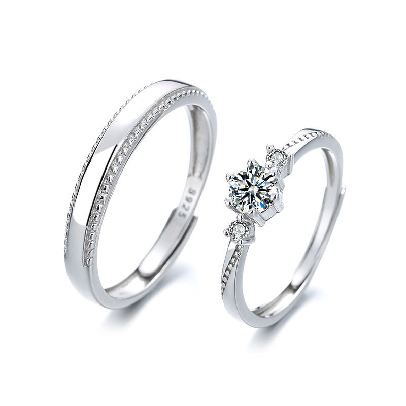 Couple Rings Set Diamond Accent Matching Bands For Him And Her Adjustable 925 Silver Promise Rings Wedding Engagement