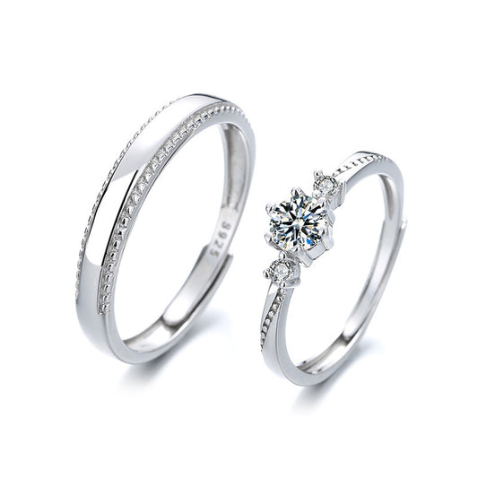 Couple Rings Set Diamond Accent Matching Bands For Him And Her Adjustable 925 Silver Promise Rings Wedding Engagement