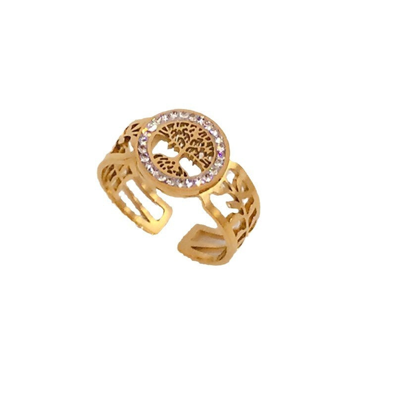 Gold Titanium Steel Lucky Tree Diamond Studded Hollow Ring Adjustable Opening Leaves Design Elegant Timeless Jewelry