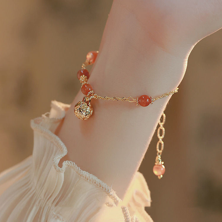 Womens Electroplated Alloy Bracelet Set Trendy Fashion Jewelry Simple Rabbit Shape Bangle Gift Red Yu Stone Charm