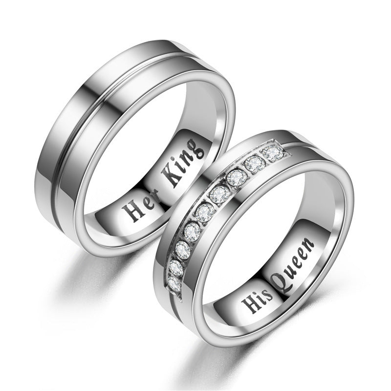 His And Hers Crowned Rings Stainless Steel Couple Wedding Bands Platinum Inlaid Gem European American Matching