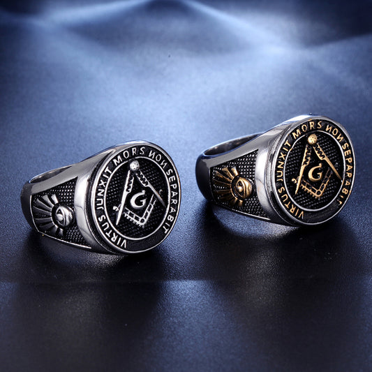 Men's Religious Masonic Ring Stainless Steel Band Geometric Freemason Ring Steel and Gold Finish Metal Ring for Men Fashion Jewelry Size 7 8 9 10 11 12 13