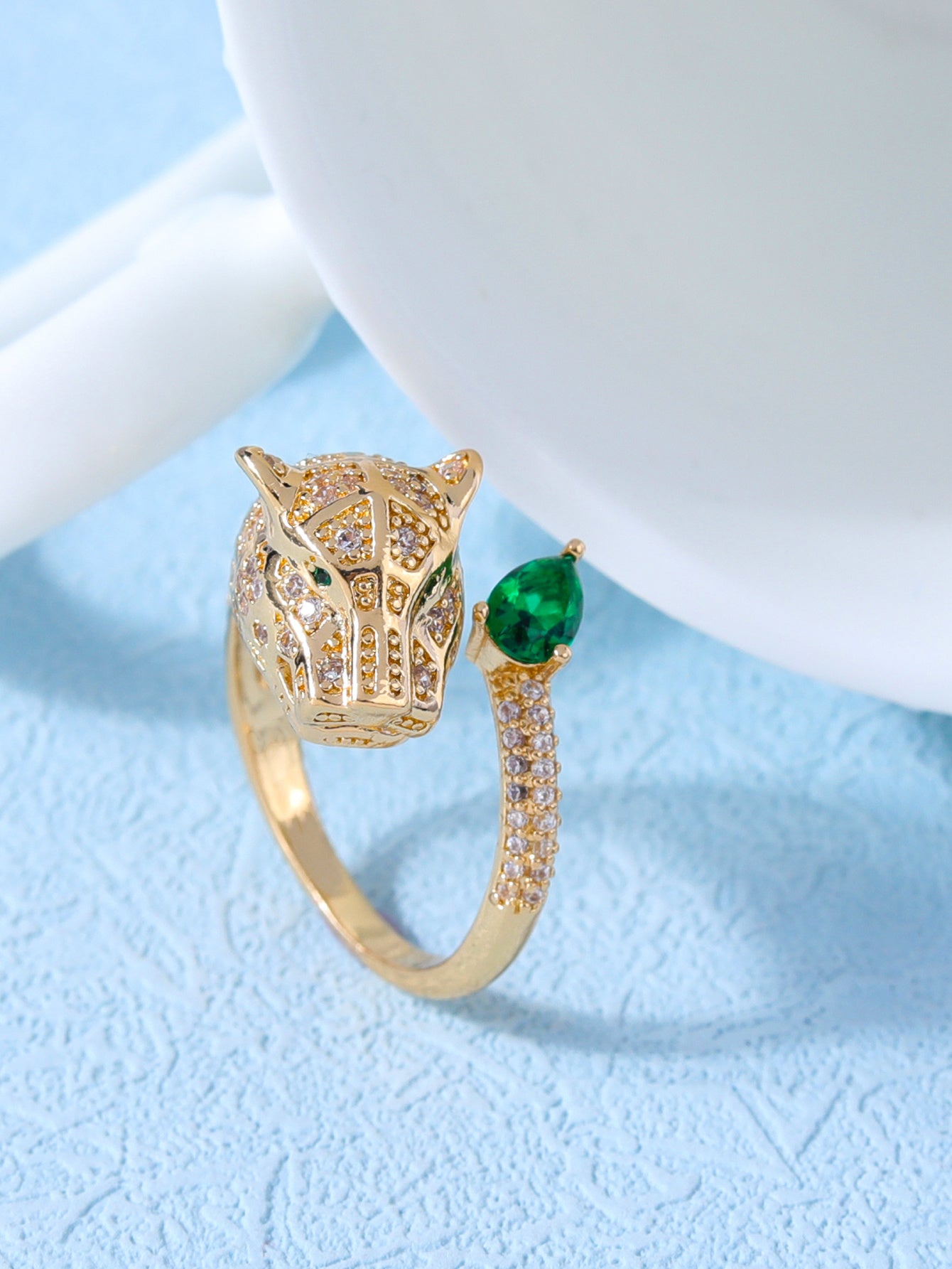 Womens Gold Snake Ring Adjustable Open Geometric Design Zircon Embellished Copper Fashion Jewelry Statement Accessory