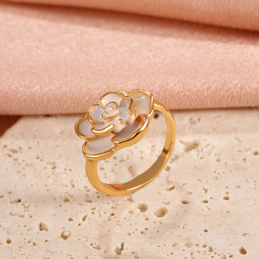 Womens Floral Camellia Ring Alloy Gold Plated Vintage White Flower Fashion Ring Gift For Her Elegant Accessory