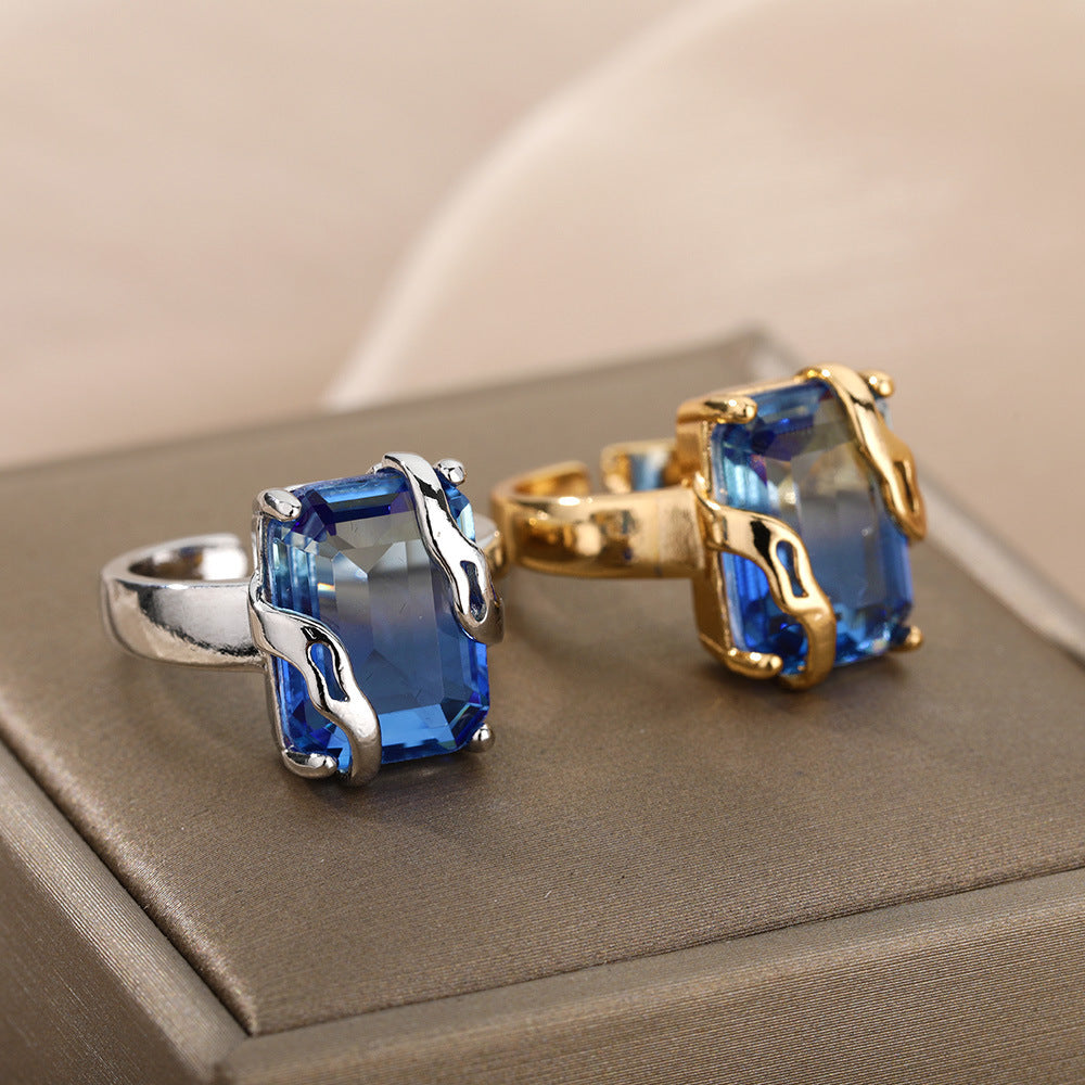 Retro Blue Zircon Ring for Women Geometric Copper Adjustable Statement Jewelry Niches Trendy Personality Rings