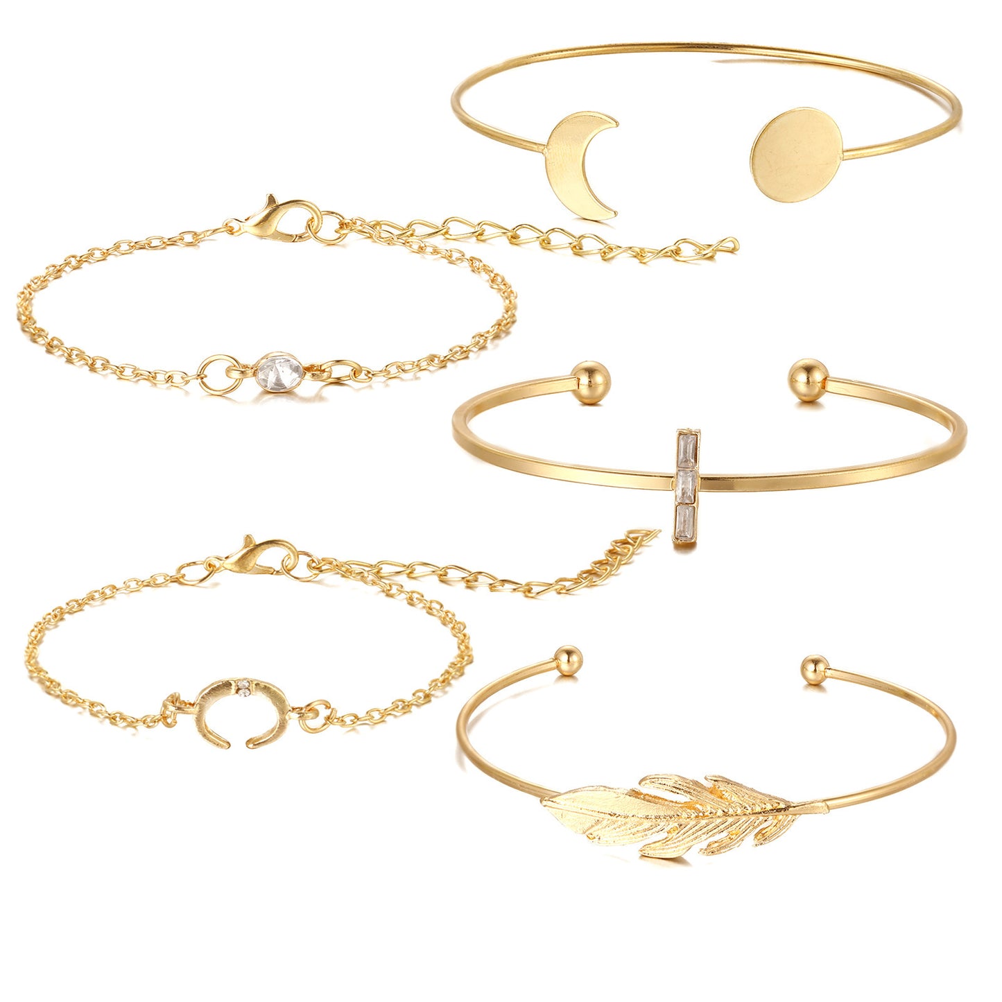 Womens Diamond Feather Bracelet Set Rhinestone Open Ended Bangle Leaf Knot Design Alloy Bracelets Set Of 5 Fashion