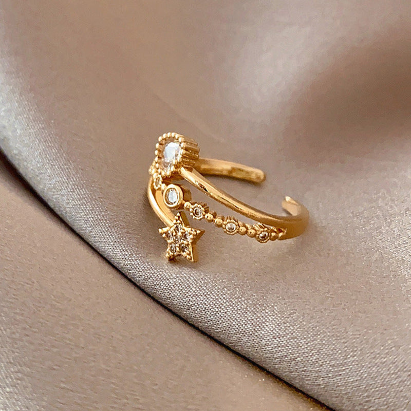 Womens Alloy Ring Diamond Inlaid Love Star Design Adjustable Opening Korean Fashion Jewelry Exquisite Style Everyday