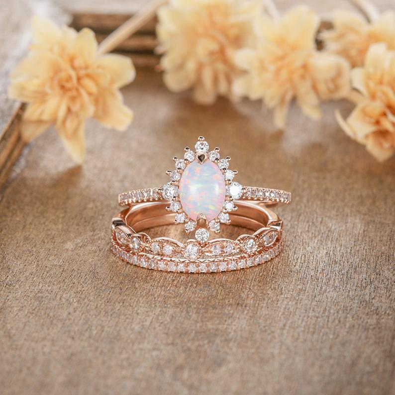 Rose Gold Three Piece Ring Set Opal Zircon Lace Inlaid Jewelry For Engagement Wedding Anniversary Gift Elegant Now