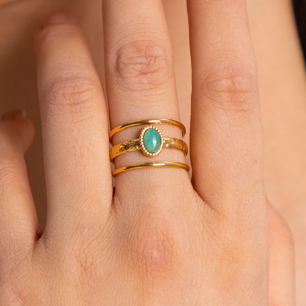 Women Natural Stone Geometric Open Ring Stainless Steel