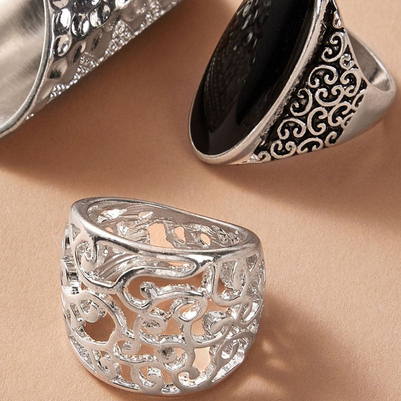 Womens Vintage Geometric Ring Set Hollow Electroplated Alloy Fashion Stackable Unique Rings For Daily Wear And Party