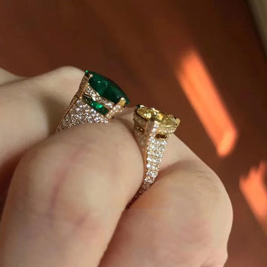 Womens Adjustable Diamond Emerald Heart Ring Gold Plated Brass Elegant Fashion Jewelry Durable Versatile Gifts