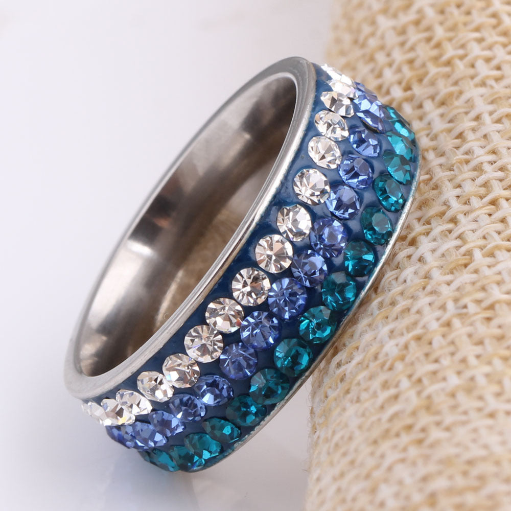 Womens Three Row Diamond Ring In Stainless Steel Titanium With Rhinestones Geometric Stripe Daily Wear Jewelry