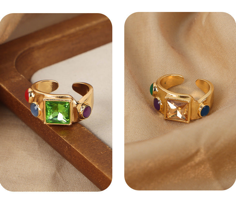 Women's Open Ring Natural Stone Ornament with White Zircon Beccarite Gold Copper Quadrilateral Geometry Element Ring Jewelry Gift for Her