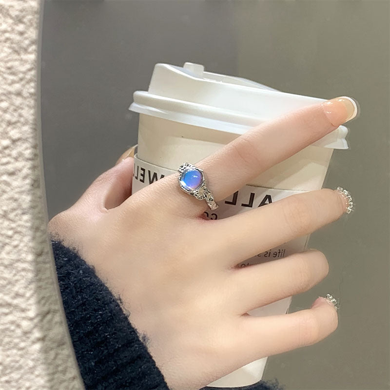 Moonstone Geometric Ring Octagonal Zircon Accent Metal Band Jewelry Gift For Her Elegant Korean Style Gems Now
