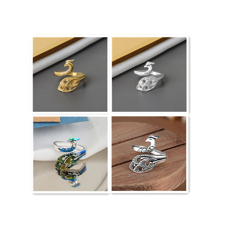 Womens Adjustable Copper Ring Peacock Inlaid Gem Electroplated Retro Design Ring For Women With Colorful Gem Inlays