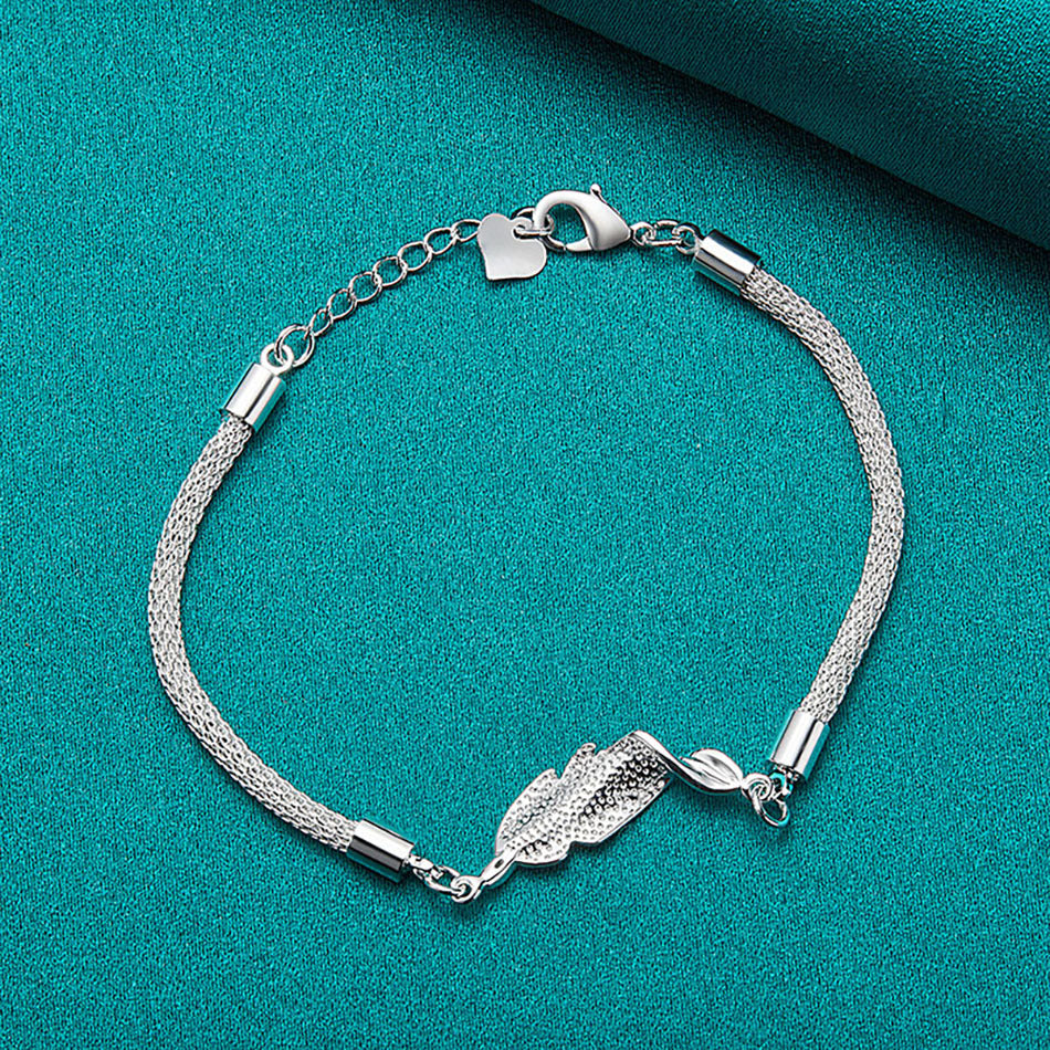Womens Silver Bracelet Hollow Mesh With Hanging Leaf Design And Geometric Letter Accent Jewelry For Everyday Style