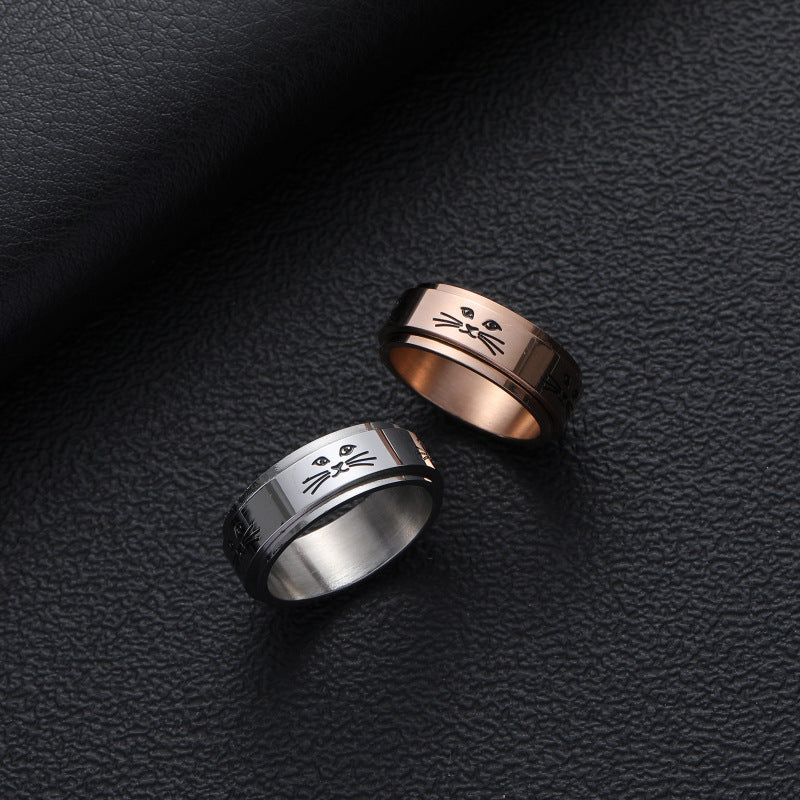 Unisex Stainless Steel Ring With Rotating Cat Face Design And Geometry Metal Elements Silver Gold And Cat Face