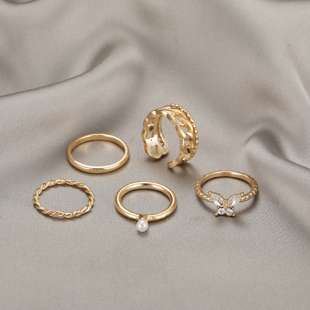 Womens Alloy Metal Ring Set Retro Geometric Chain Rings European Design Electroplated Gold And Silver Tone Fashion