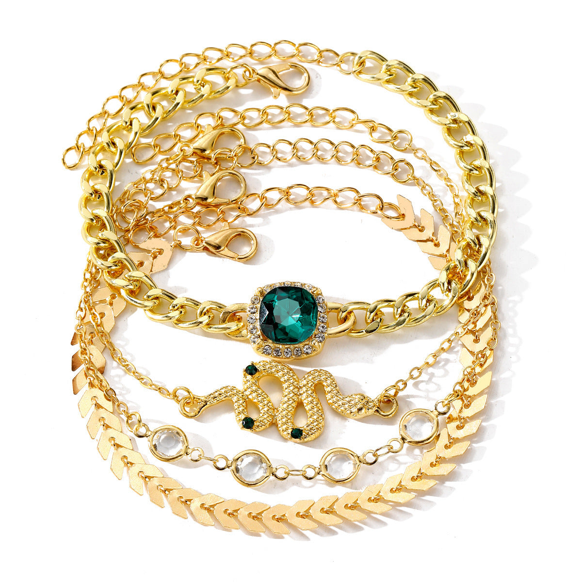 Women Emerald Green Bracelet Set Square Diamond Snake Design Electroplated Zodiac Gift Travel For Travel Lovers