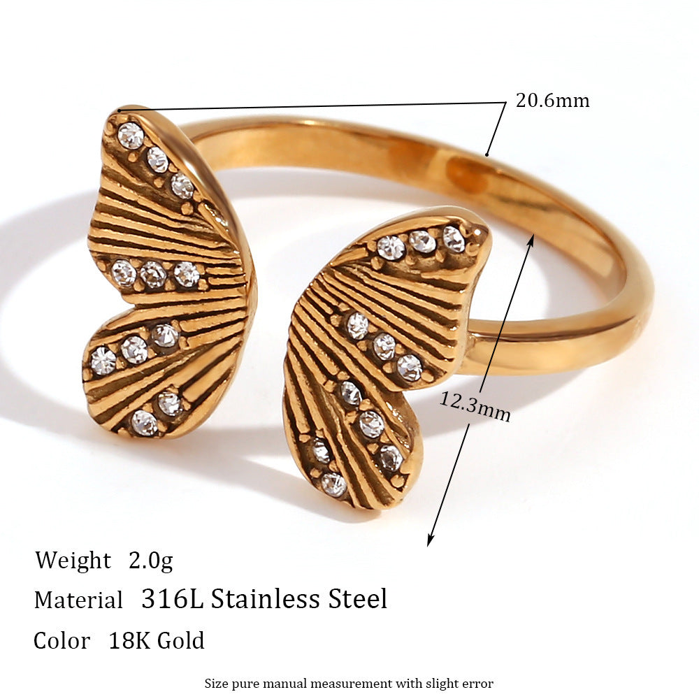 Women Stainless Steel Butterfly Ring Open Zircon Jewelry Geometry Zodiac Animal Design Ornament Everyday Style