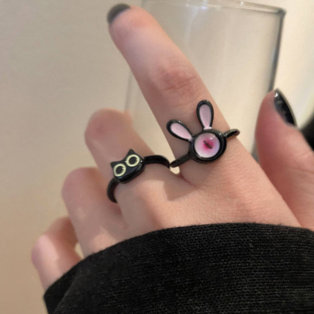 Women's Open Ring Featuring Cute Animal Design Adjustable Alloy Ring With Black Kitty Cat And Cartoon Rabbit Cute