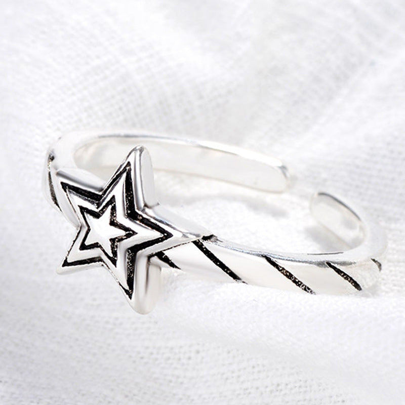 Five Pointed Star Ring Adjustable Geometric Thai Silver Finish Jewelry For Women Daily Vintage Rings Size Type