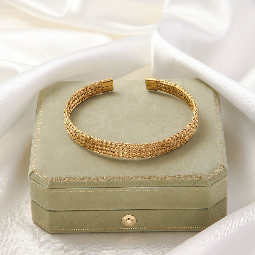 Stainless Steel Woven Bracelet Open Ended Fashion Bangle Electroplated Durable Round Design Accessory Steel And Gold