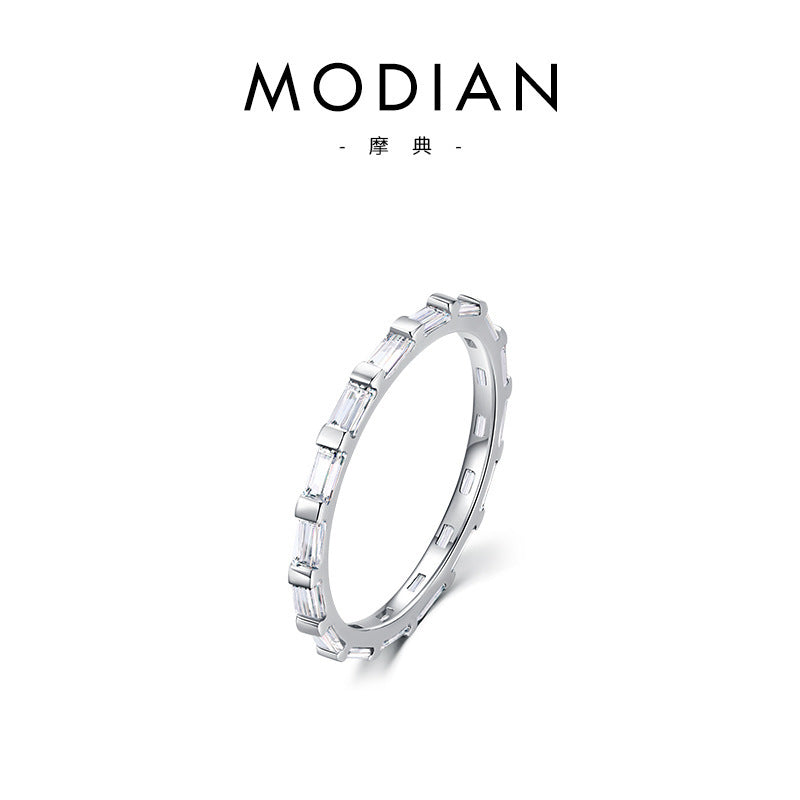 Womens Sterling Silver Ring With Geometric Zircon Rainbow Inlaid Stackable Quadrilateral Ring For Her Everyday