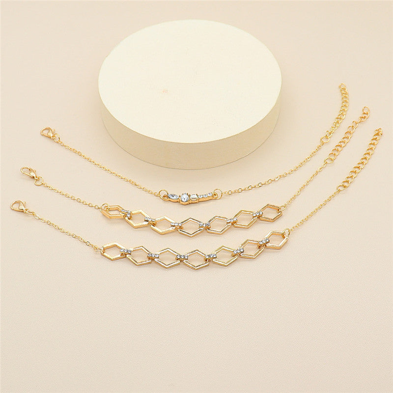 Womens Geometric Rhombus Chain Bracelet Set Electroplated Alloy Fashion Jewelry Diamond Studded European Design
