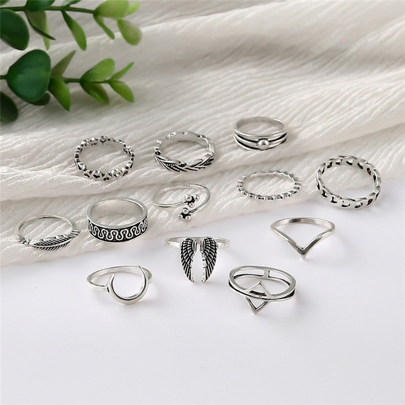 Womens Ring Set 12 Pcs European American Alloy Electroplated Rings Triangle Leaf Joint Designs Fashion Jewelry