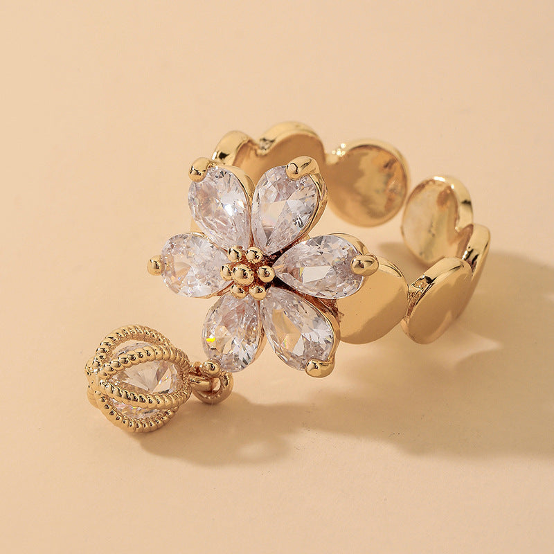 Gold Electroplated Diamond Flower Ring For Women Adjustable