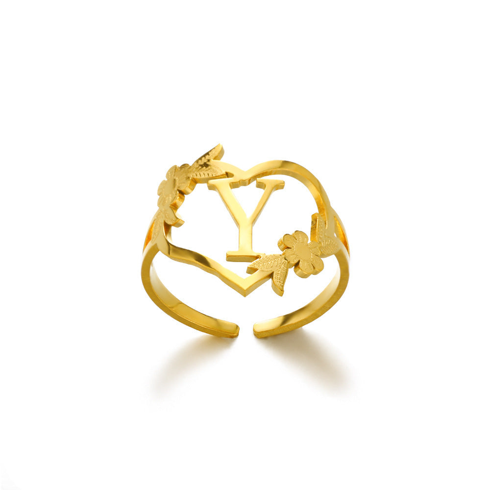 Heart Shaped Initial Rings Women Adjustable Stainless Steel Letters Ring Unisex European Design Letters Numbers