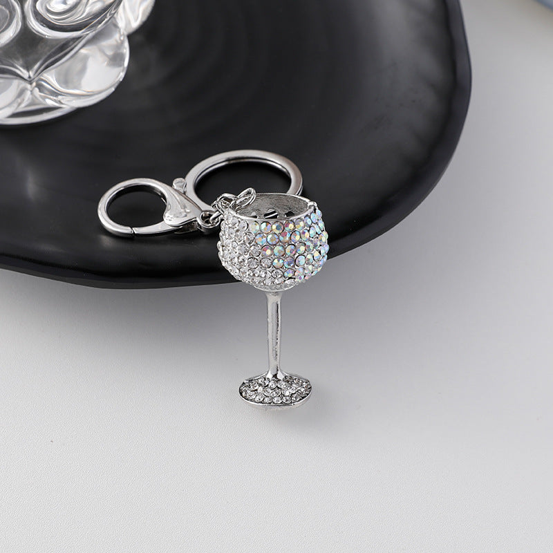 Metal Wine Glass Keychain 3D Key Ring European Style Silver Purse Charm Gift Idea For Women And Men Color Pink