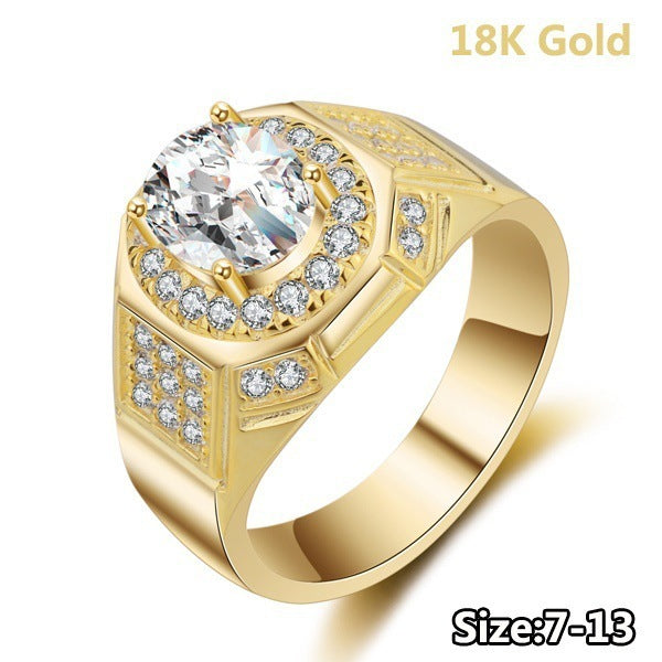 Men's 18K Gold Plated Zircon Engagement Ring Geometric Design European American Style Durable Wedding Band AAA