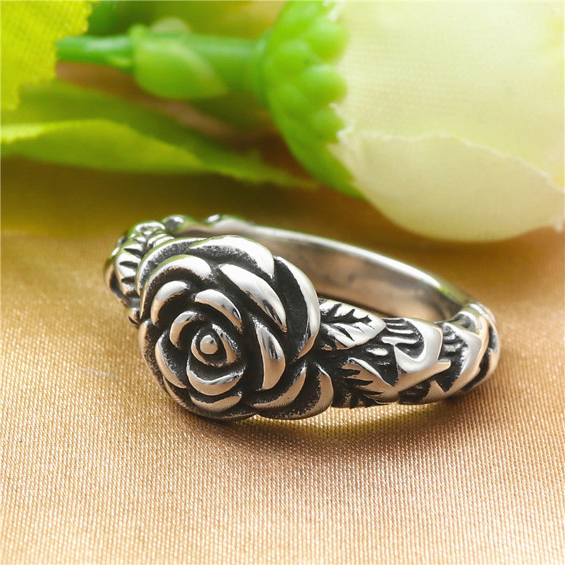 Titanium Steel Flower Ring Retro European American Polished Durable Daily Wear Statement Jewelry Elegant Style