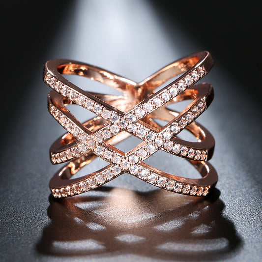 Zircon Inlaid Double Cross Ring Copper Gold Plated Womens Fashion Jewelry Elegant Statement Ring For Her Gleam